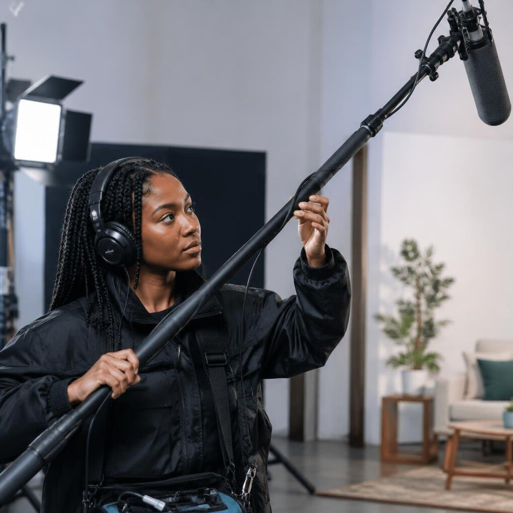 Young woman adjusting a studio microphone on a boom pole