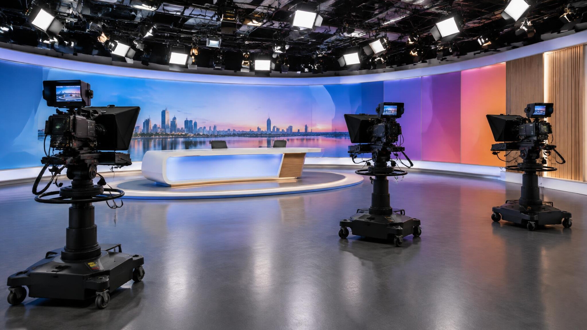 Wide shot of an empty television studio floor with cameras and a presenter desk
