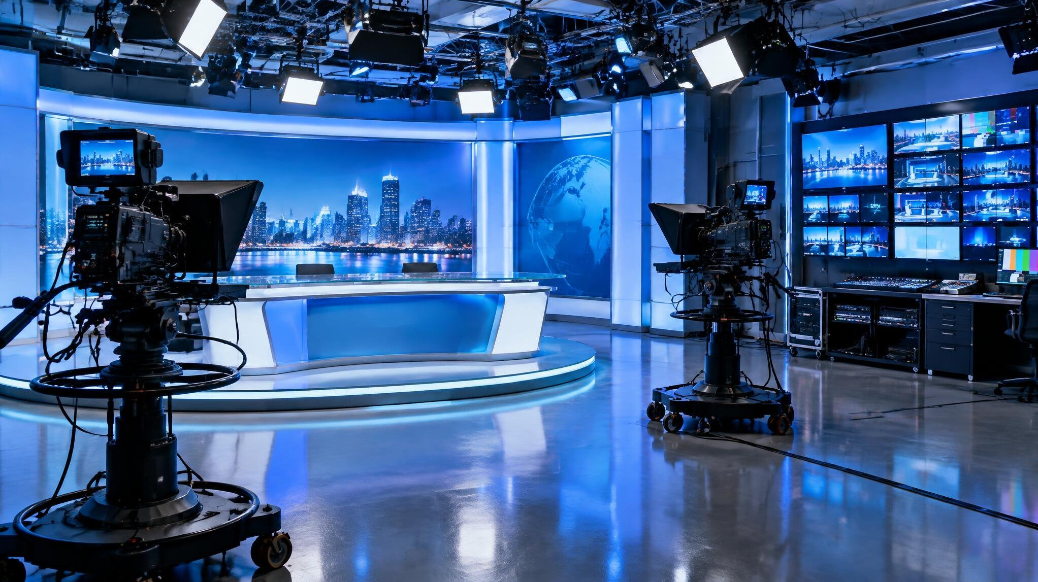 Broadcast studio with cameras, lights and a monitor wall