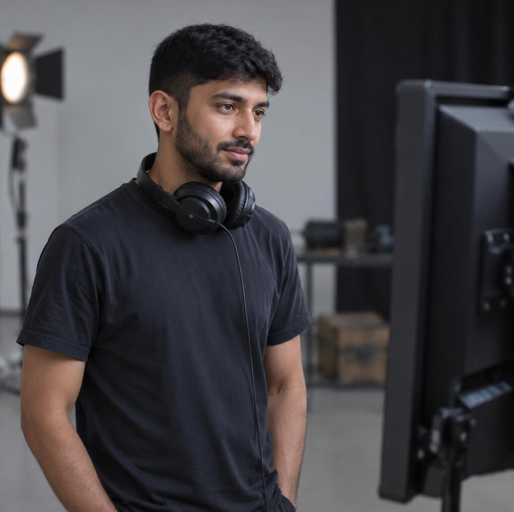 Studio crew member wearing a headset watching a monitor
