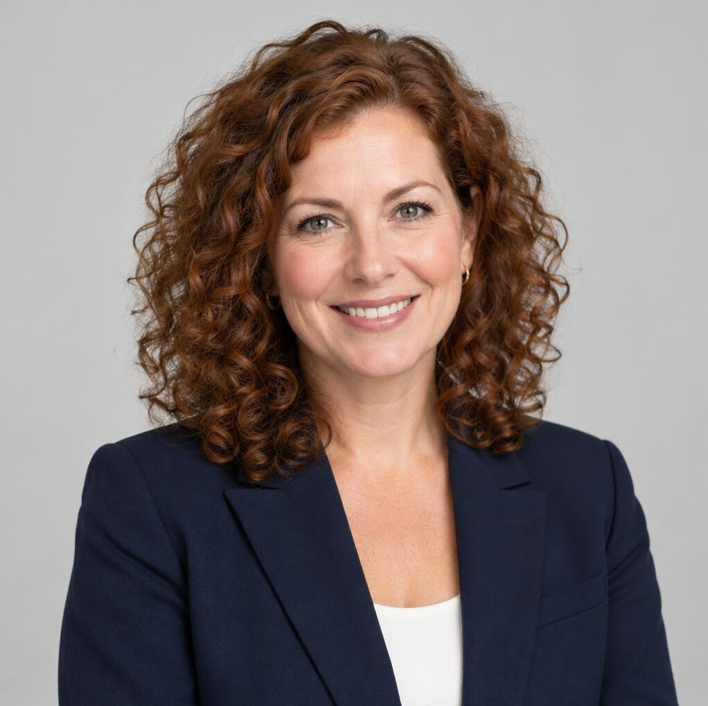 Portrait of a smiling woman with curly hair in a studio